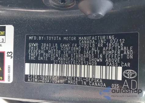 2012 Toyota Corolla S/Le z USA, uszkodzony, nr VIN 2T1BU4EE6CC813409